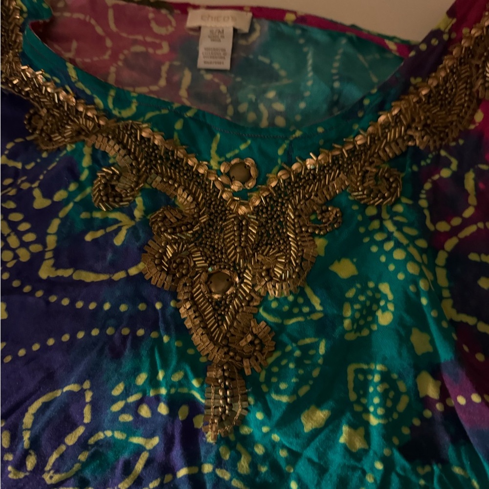 Chico’s Beaded Boho Blouse | Jewel-Tone Patchwork & Flowy Goddess Fit - Picture 6 of 6